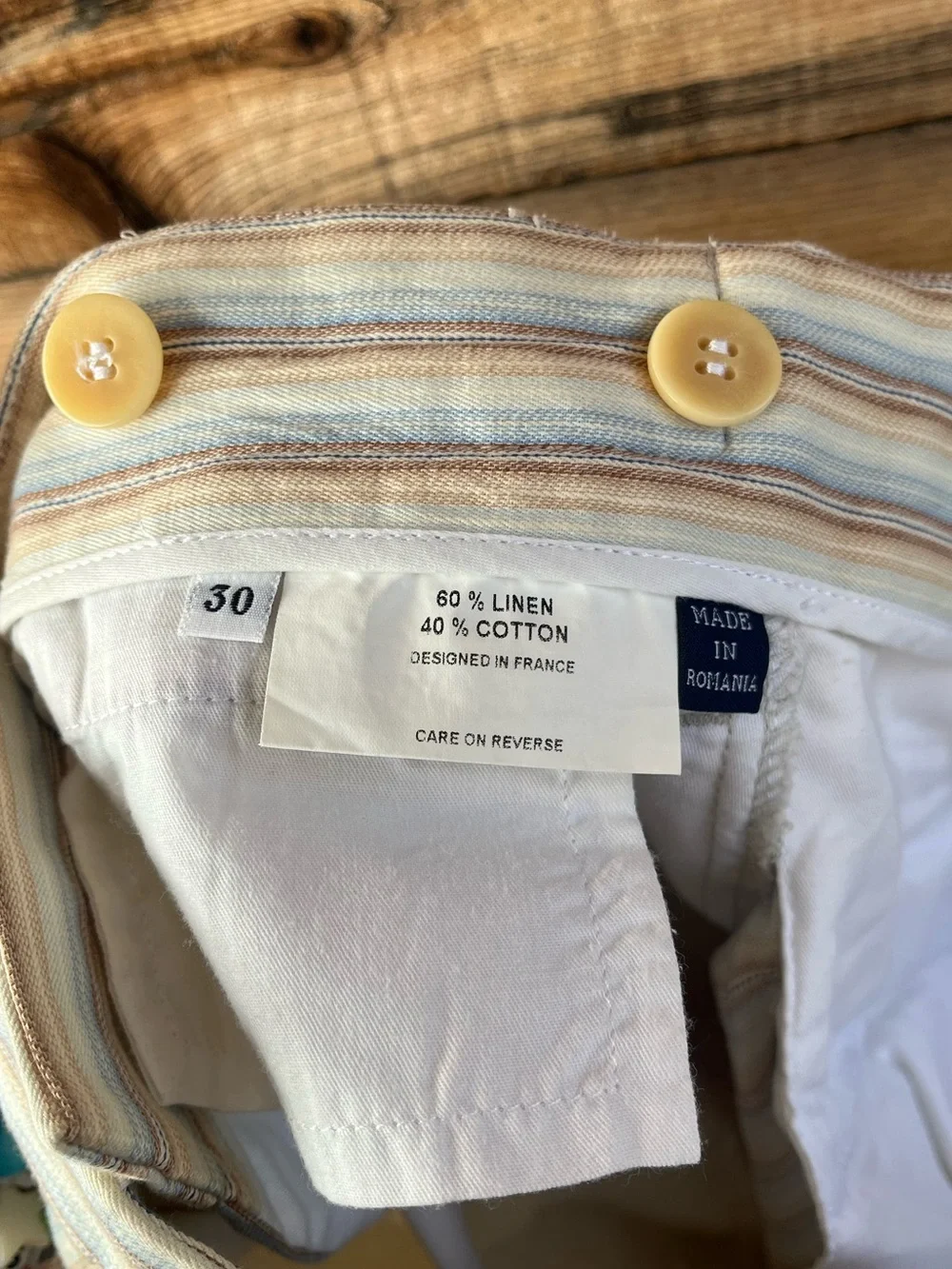 VINTAGE | Faconnable Linen Blend Cream and Pale Blue Striped Chinos 30